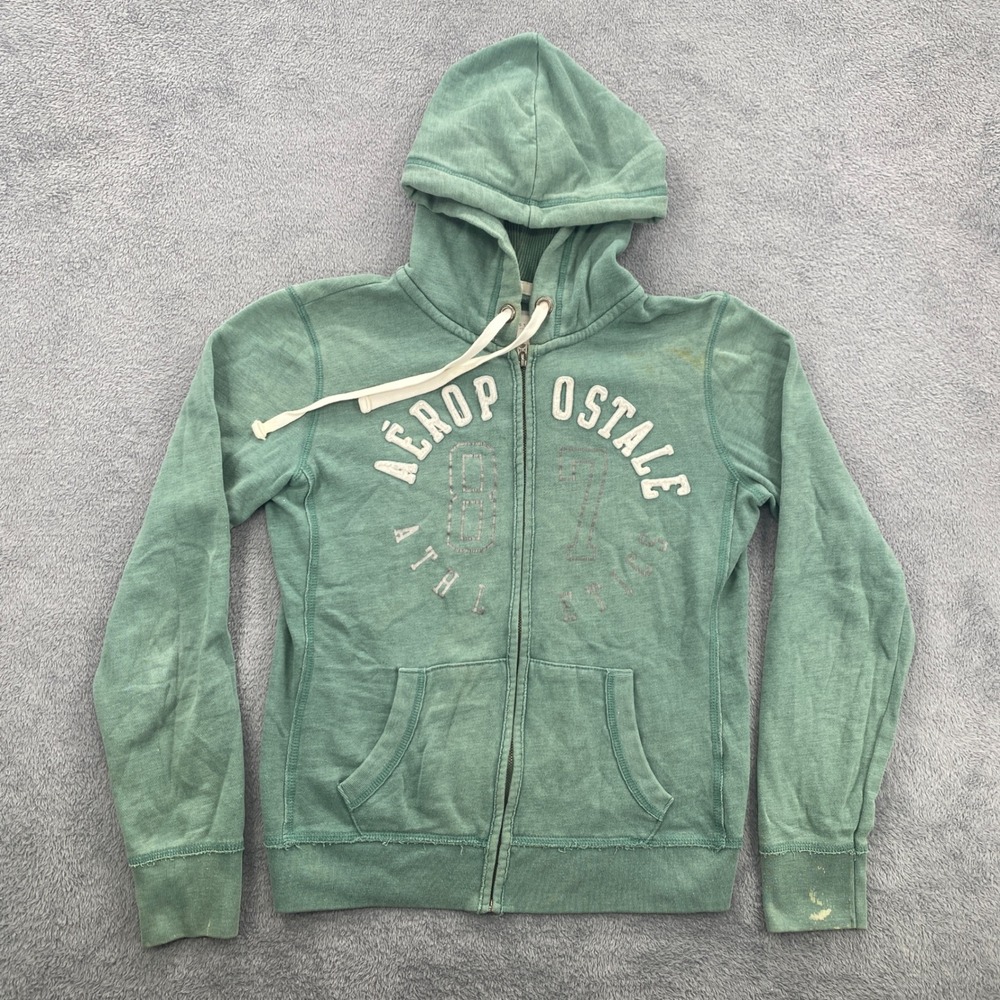 Aeropostale Hoodie Womens Small Y2K Distressed Green Full Zip Graphic Sweatshirt